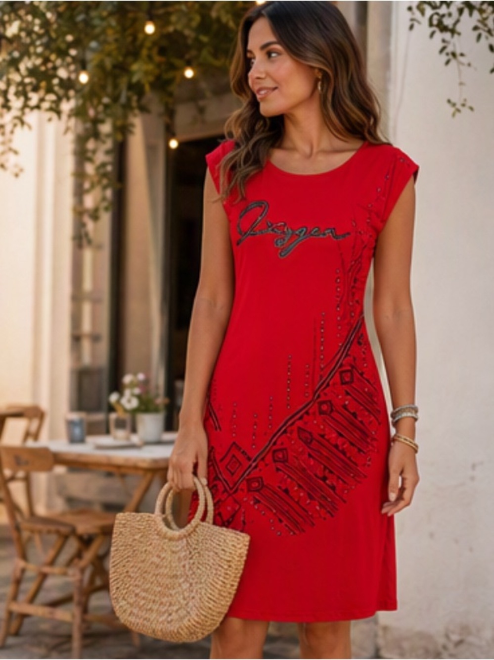 🌷OXYGEN🌷RED Rhinestone Beaded Short Sleeve Dress